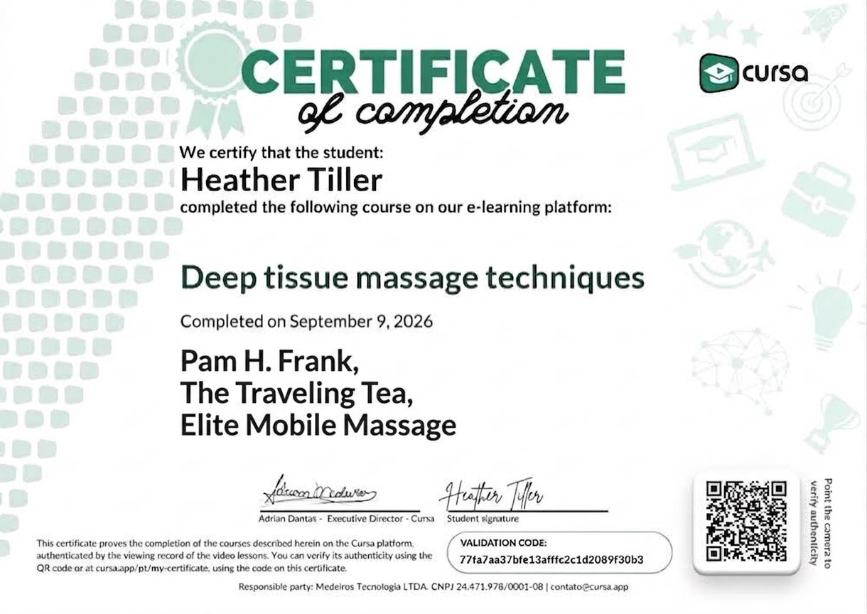 Certificate of completion for Deep tissue massage techniques, issued by Cursa, September 9, 2026 — Pam H. Frank, The Traveling Tea Party.