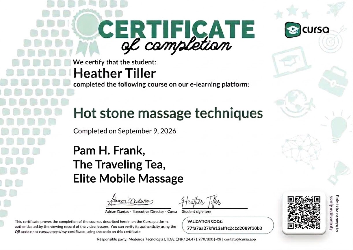 Certificate of completion for Hot stone massage techniques, issued by Cursa, September 9, 2026 — Pam H. Frank, The Traveling Tea Party.