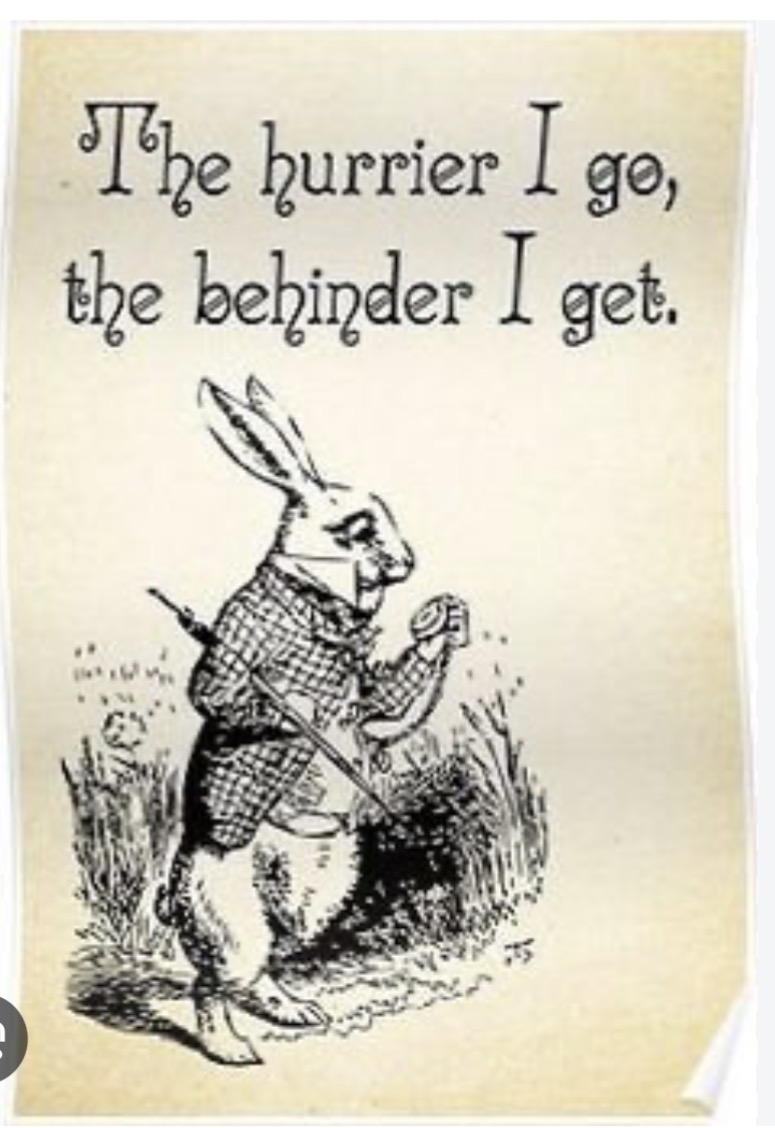 Vintage John Tenniel illustration of the White Rabbit in a checked coat holding his pocket watch, above the words: The hurrier I go, the behinder I get.