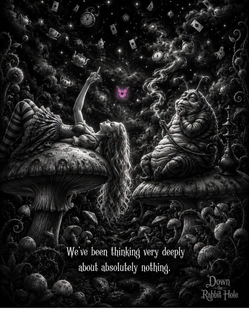Monochrome Alice in Wonderland scene: Alice in striped stockings reclining on a giant toadstool, facing the Caterpillar who smokes a hookah beneath a starry sky filled with floating teacups, teapots, pocket watches, and playing cards, with a single glowing purple butterfly.
